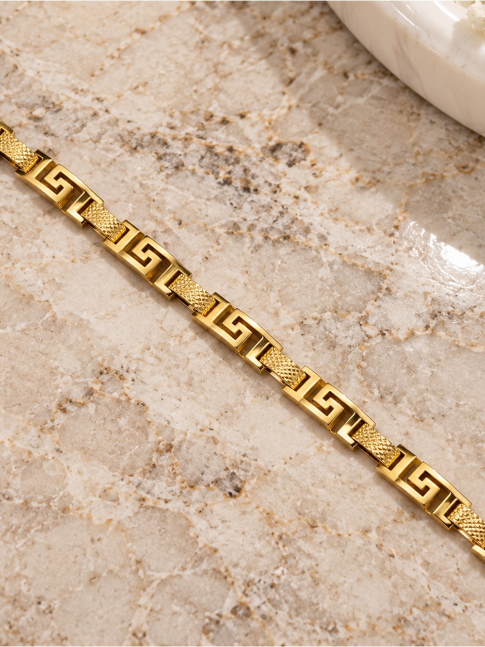 14K Gold Filled Greek Key Bracelet Textured Link Adjustable 7-8 Inches